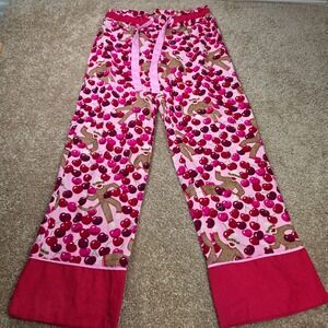 Nick & Nora Pajama Pants Pink Cherry Sock Monkey Cotton Loungewear Size S